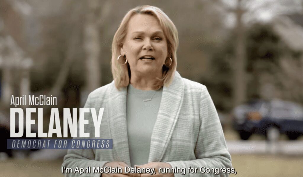 This image is a screenshot from April McClain Delaney's first television ad spot released on Tuesday, March 5, 2024. 